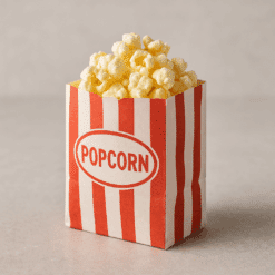 L’image avec le sac rouge/blanc rayé rempli de popcorn (visuel marketing)